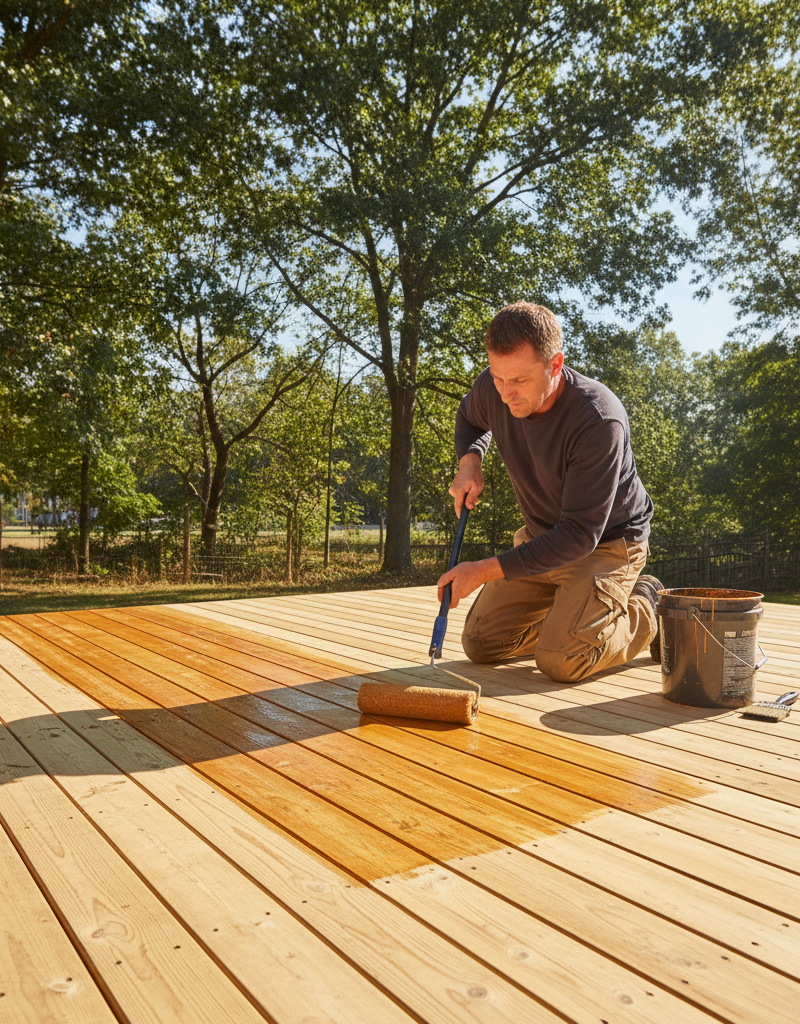 Homeowner applying wood deck sealant with a roller on a clean deck