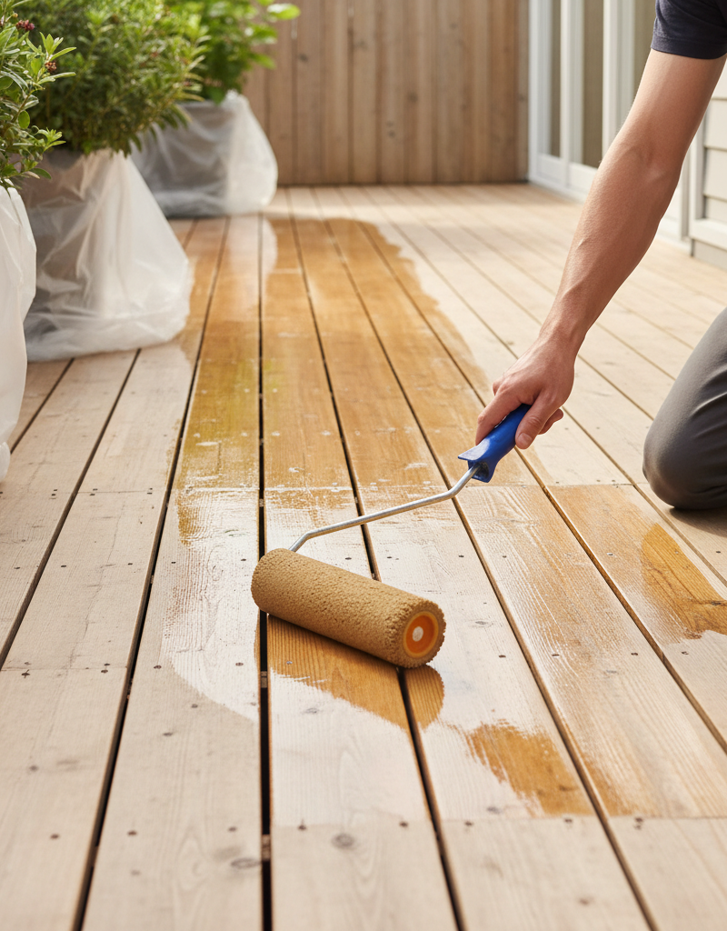 A person applying a protective clear sealant to a beautifully restored wood deck with a roller.