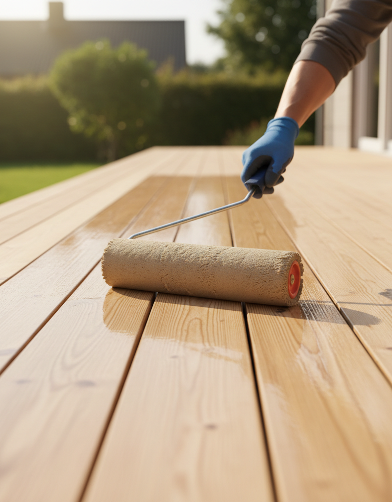 A homeowner applying penetrating wood sealer to a clean deck with a roller, ensuring even coverage.