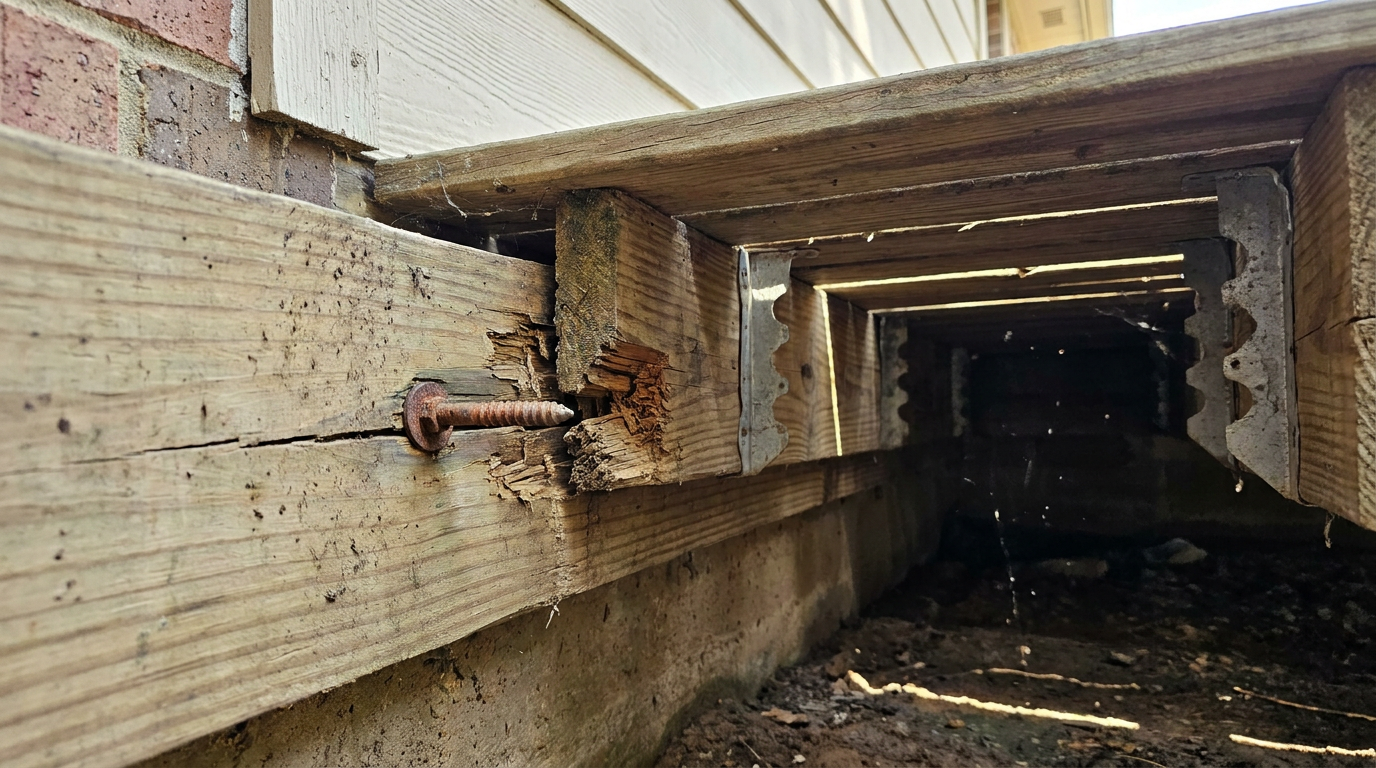 Close-up of a loose deck ledger board pulling away from exterior house siding