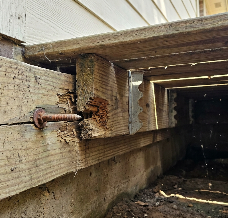 Close-up of a loose deck ledger board pulling away from exterior house siding