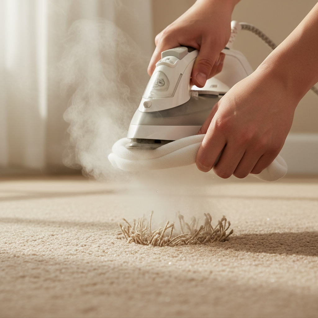 Homeowner using a steam iron and a white cloth to fix a deep indentation in a beige carpet.