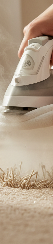 Homeowner using a steam iron and a white cloth to fix a deep indentation in a beige carpet.