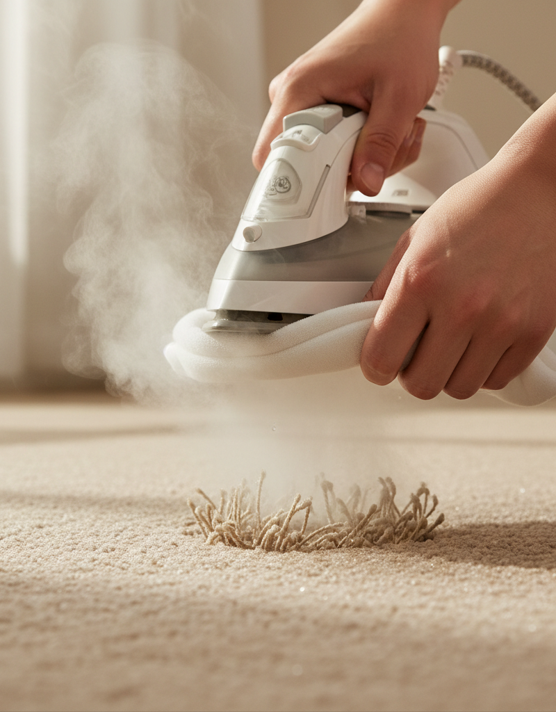 Homeowner using a steam iron and a white cloth to fix a deep indentation in a beige carpet.