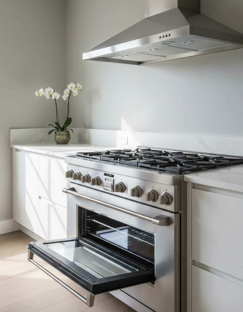 Spotless oven and range hood in a clean, modern kitchen