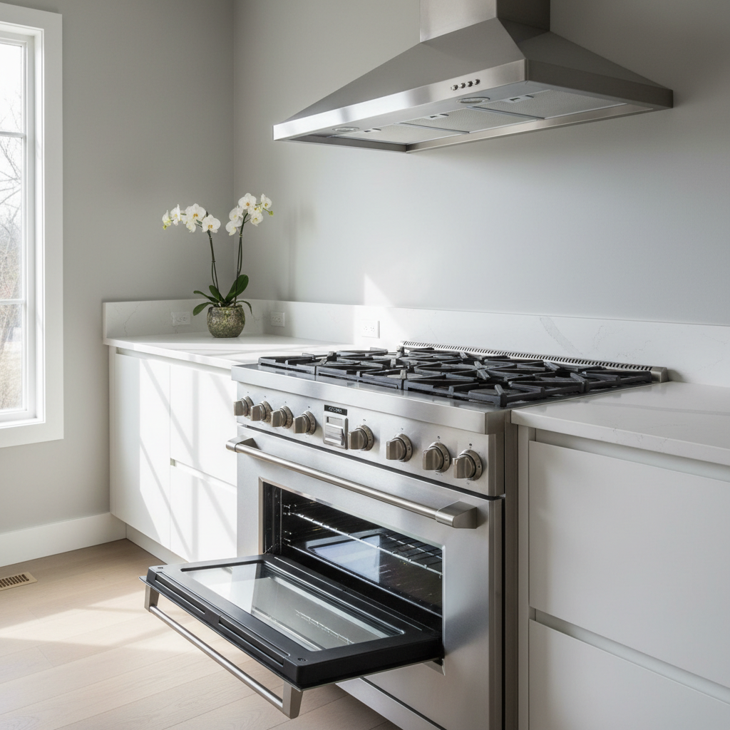Spotless oven and range hood in a clean, modern kitchen