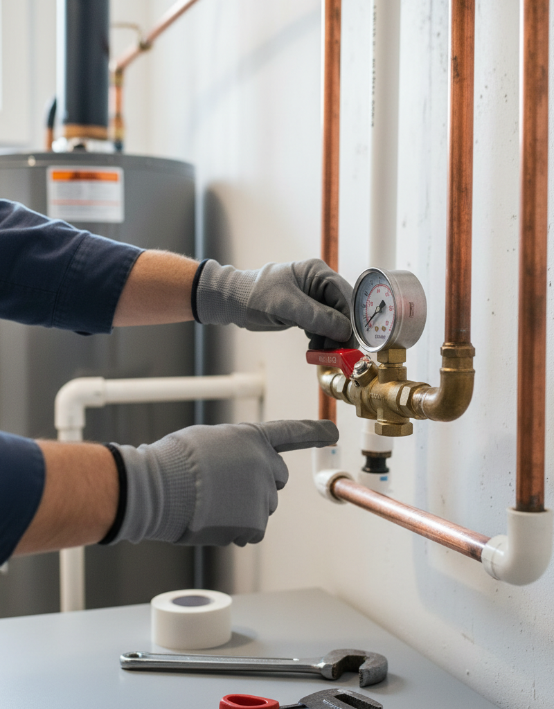 Homeowner checking a home's main water shut-off valve to diagnose low water pressure.