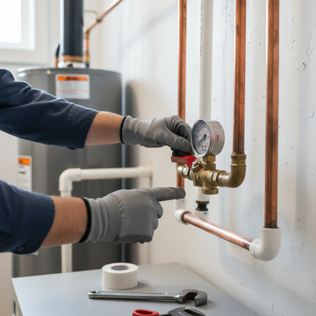 Homeowner checking a home's main water shut-off valve to diagnose low water pressure.