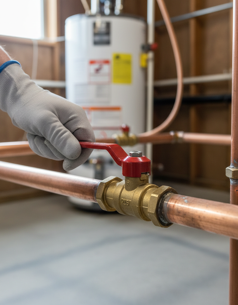 Homeowner's hand turning a red-handled main water shut-off ball valve, fully opening it parallel to the pipe