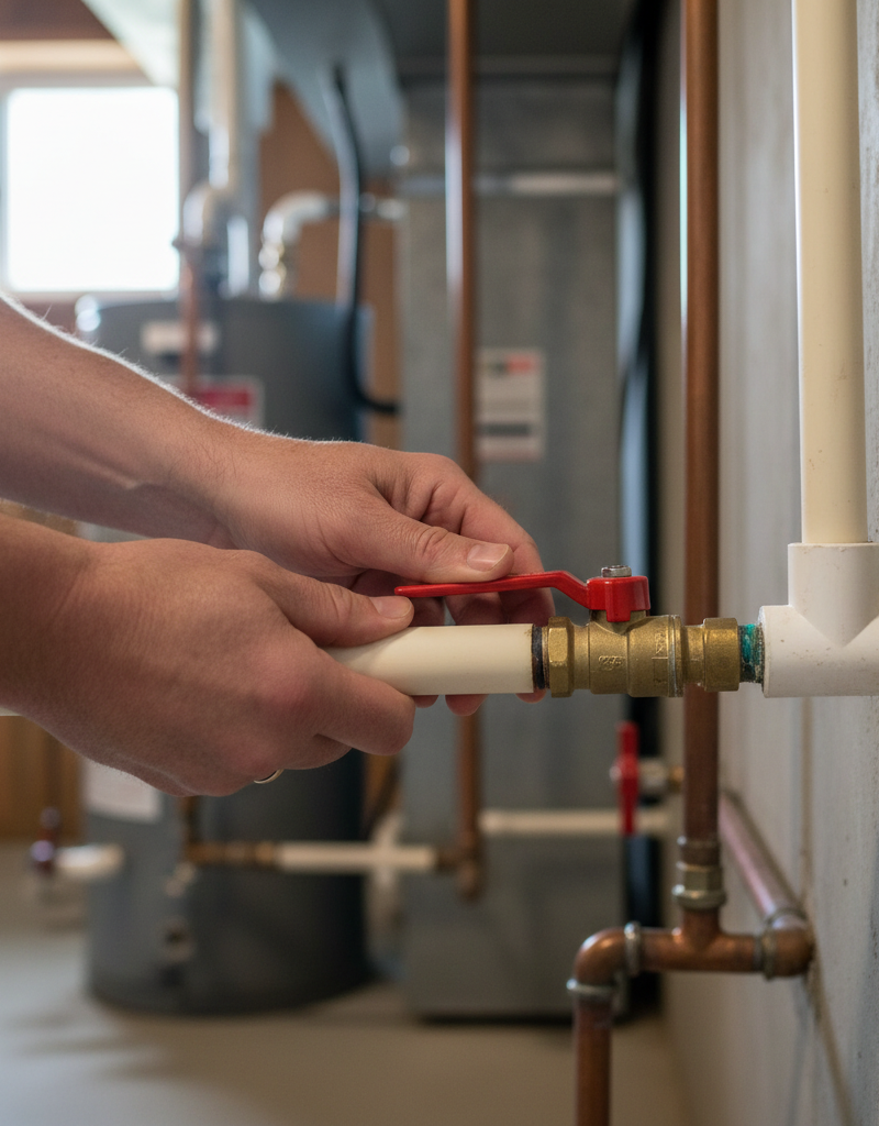 Homeowner adjusting a red-handled main water shut-off valve in a basement utility area on a copper pipe.