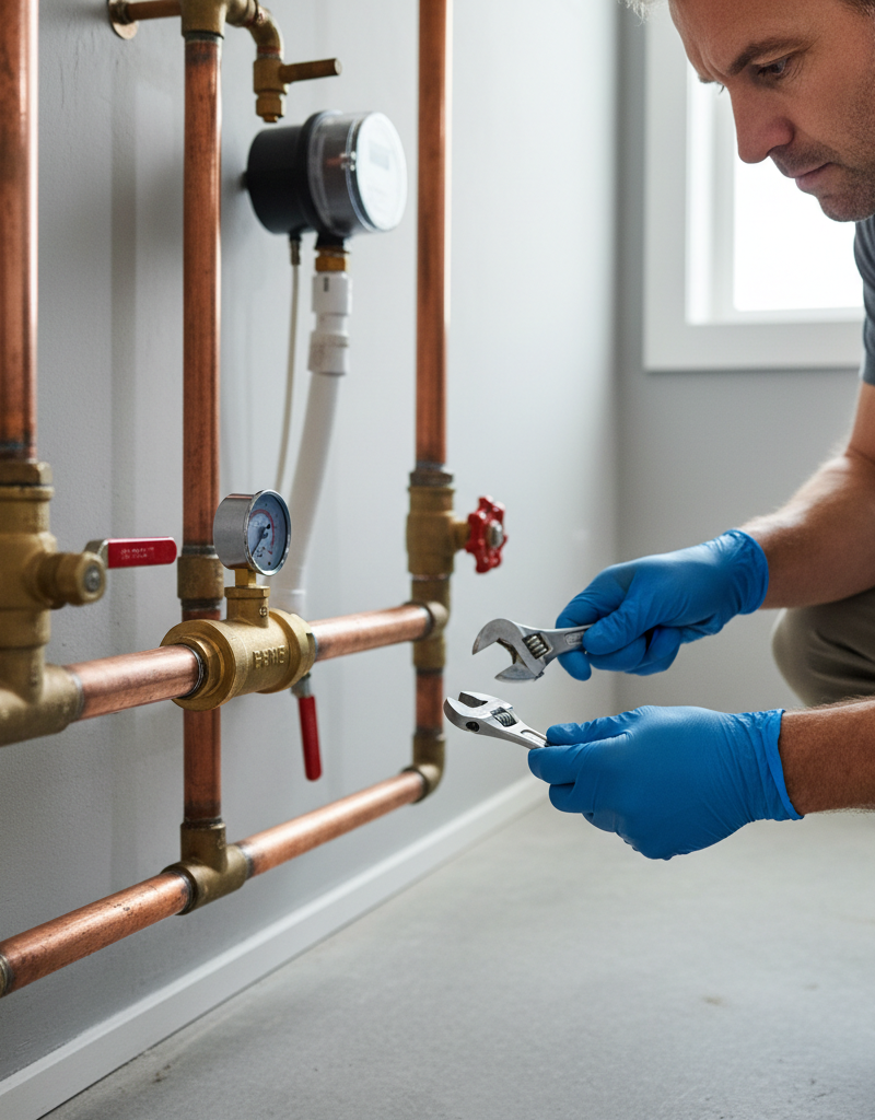 Homeowner checking a water pressure reducing valve in a basement to diagnose low water pressure.