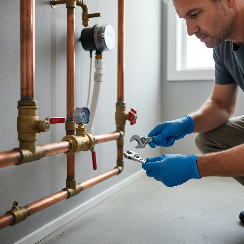 Homeowner checking a water pressure reducing valve in a basement to diagnose low water pressure.