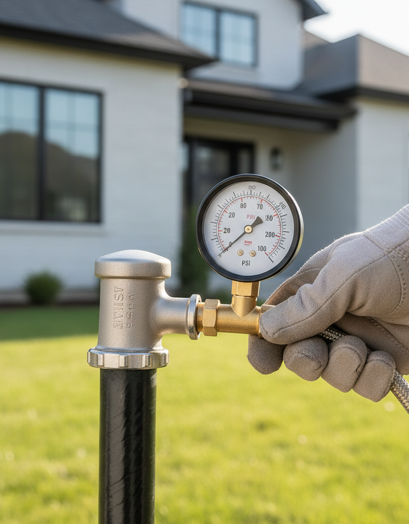 Hand attaching water pressure gauge to outdoor hose bib to check home's water pressure
