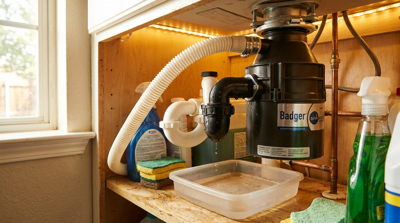 Garbage disposal unit under a kitchen sink connected to a dishwasher drain hose