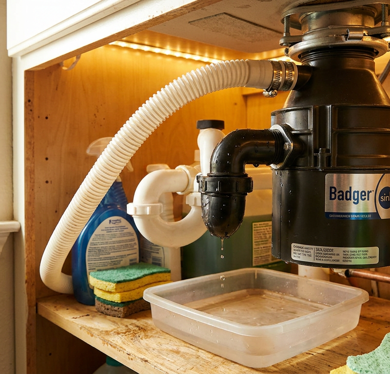 Garbage disposal unit under a kitchen sink connected to a dishwasher drain hose