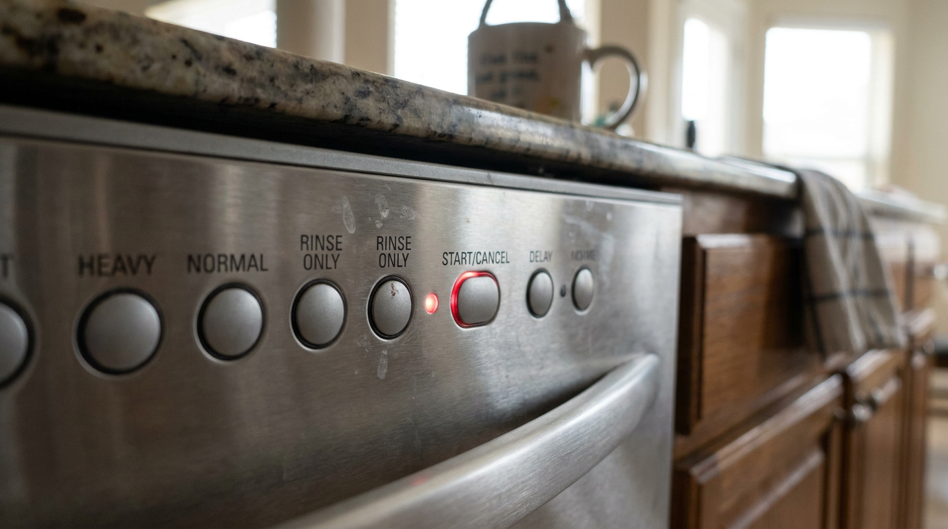 A close-up of a dishwasher control panel with a blinking start light, indicating an error code.