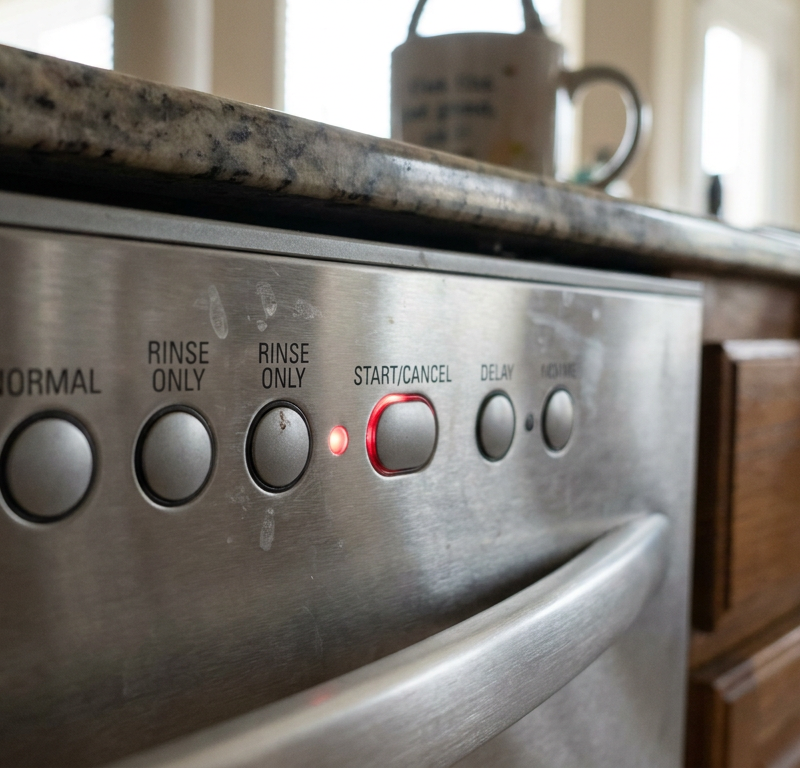 A close-up of a dishwasher control panel with a blinking start light, indicating an error code.