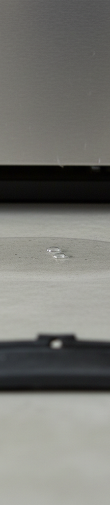 Puddle of water on kitchen floor under dishwasher door, homeowner pointing at the leak.