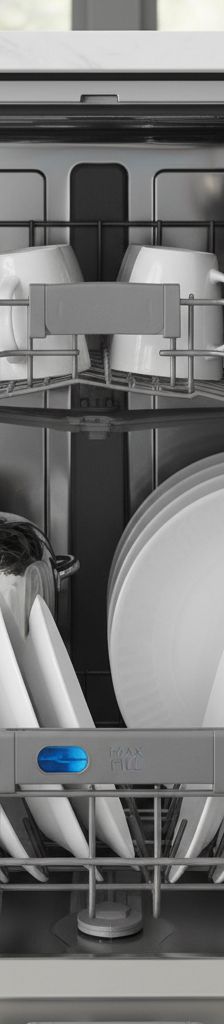 Inside a clean dishwasher with dishes properly loaded and the rinse aid dispenser clearly visible.