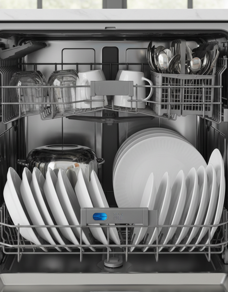 Inside a clean dishwasher with dishes properly loaded and the rinse aid dispenser clearly visible.