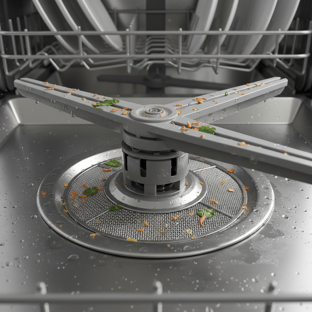 Close-up of a dirty dishwasher filter and clogged spray arm jets with food particles
