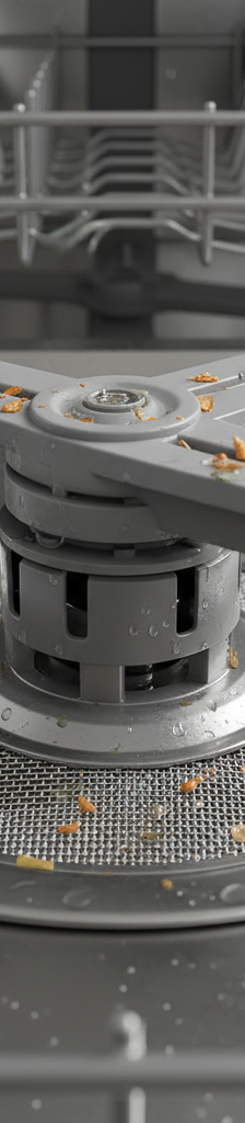 Close-up of a dirty dishwasher filter and clogged spray arm jets with food particles