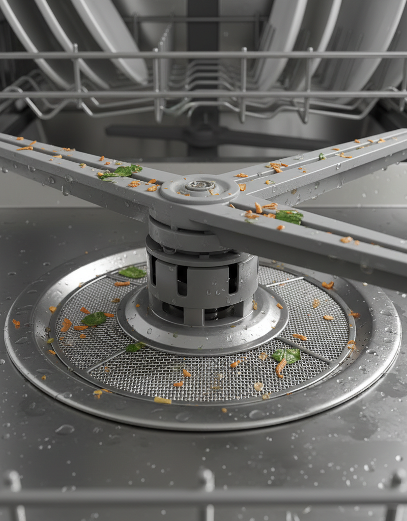 Close-up of a dirty dishwasher filter and clogged spray arm jets with food particles