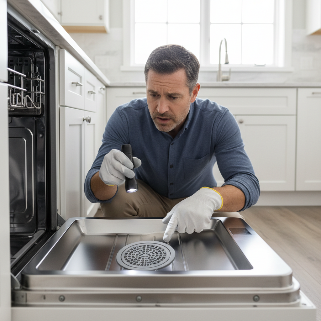 Man with gloves and flashlight inspecting the bottom of a noisy dishwasher