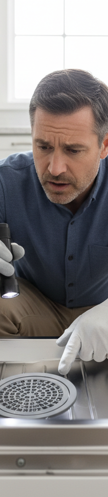 Man with gloves and flashlight inspecting the bottom of a noisy dishwasher