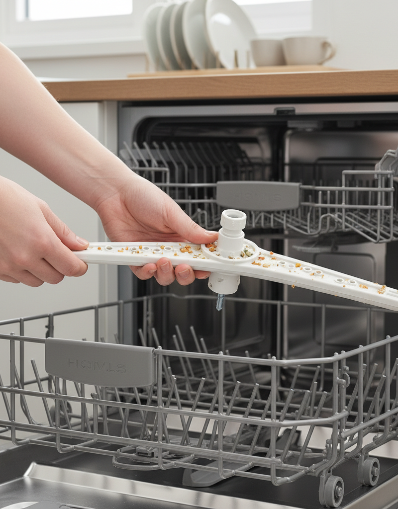 Homeowner removing a clogged dishwasher spray arm for cleaning.