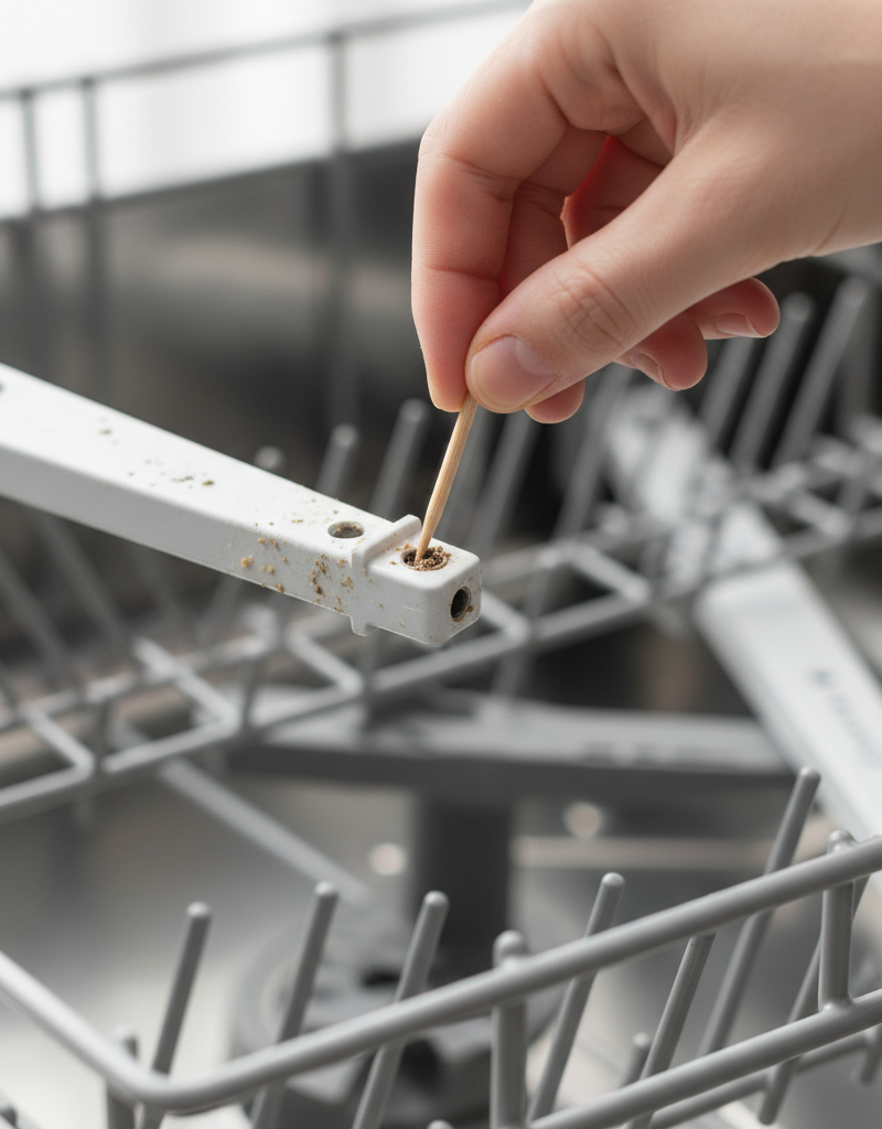 Hand cleaning a clogged dishwasher spray arm with a toothpick to clear food debris