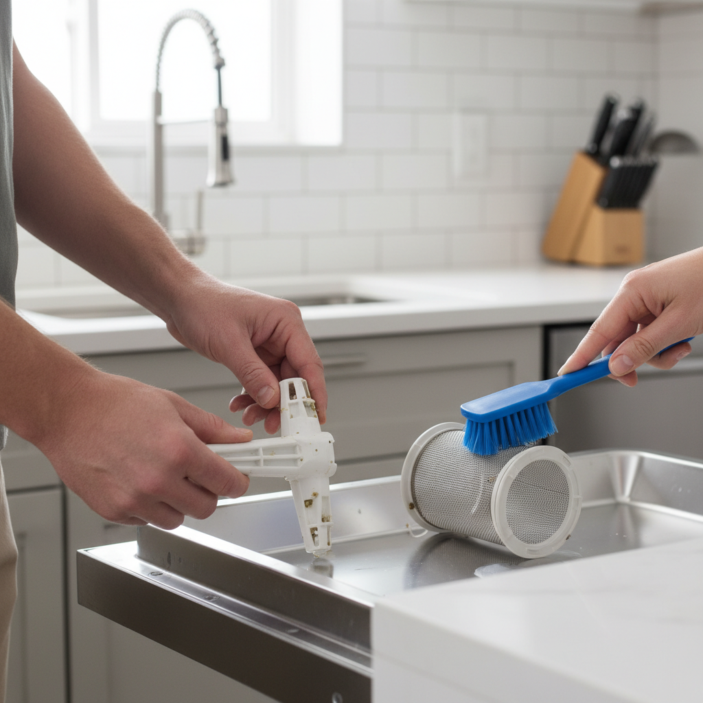 Homeowner cleaning a disassembled dishwasher spray arm and filter, showing accumulated food debris.