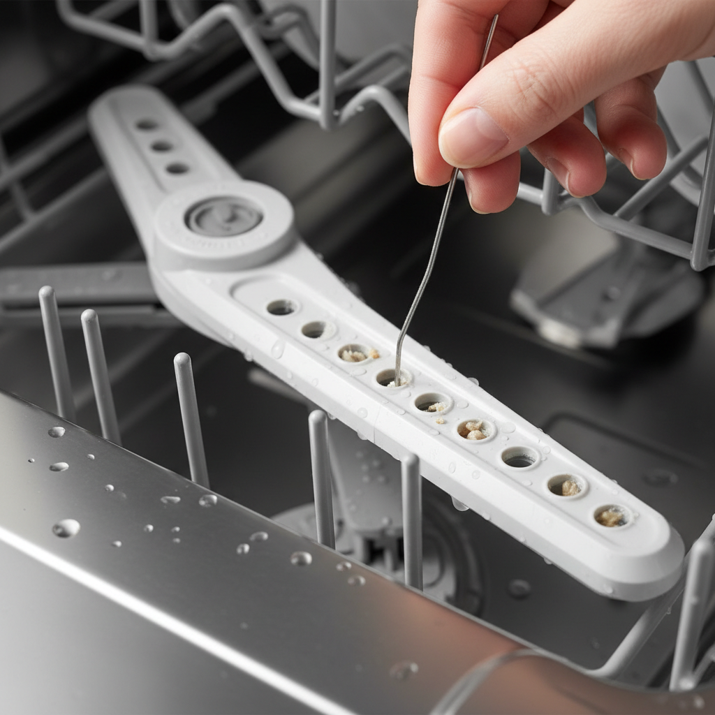 Hand using a small tool to clear a clogged dishwasher spray arm jet, illustrating a common problem.