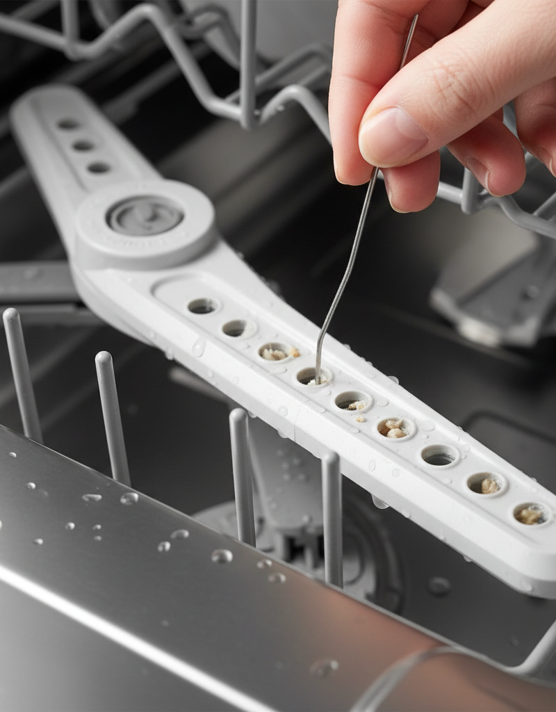 Hand using a small tool to clear a clogged dishwasher spray arm jet, illustrating a common problem.