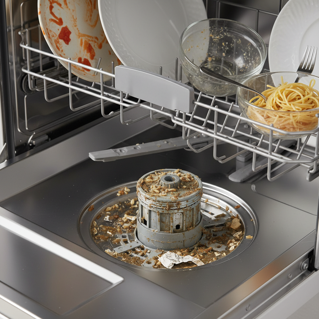 Inside a dishwasher, showing a dirty filter and clogged lower spray arm with food particles.