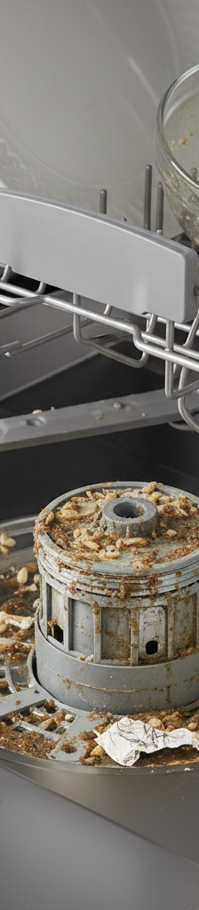 Inside a dishwasher, showing a dirty filter and clogged lower spray arm with food particles.