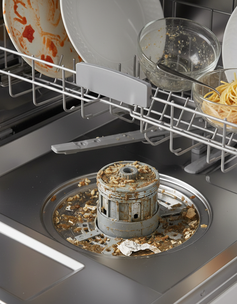 Inside a dishwasher, showing a dirty filter and clogged lower spray arm with food particles.
