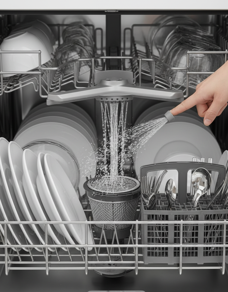 Interior of a modern dishwasher with a clean spray arm and filter, illustrating effective dish cleaning.