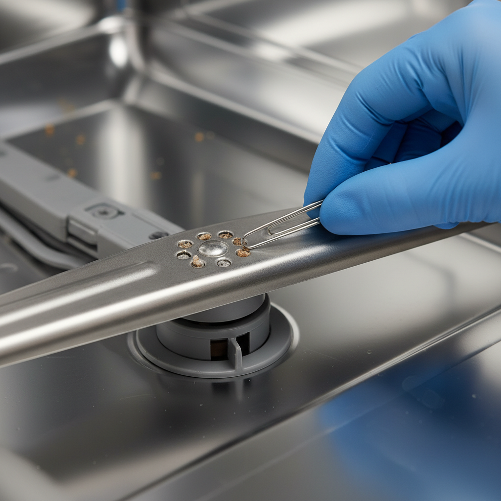 Hand using a paperclip to clean a clogged dishwasher spray arm nozzle amidst dirty dishes inside the appliance tub.