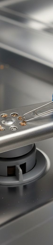 Hand using a paperclip to clean a clogged dishwasher spray arm nozzle amidst dirty dishes inside the appliance tub.