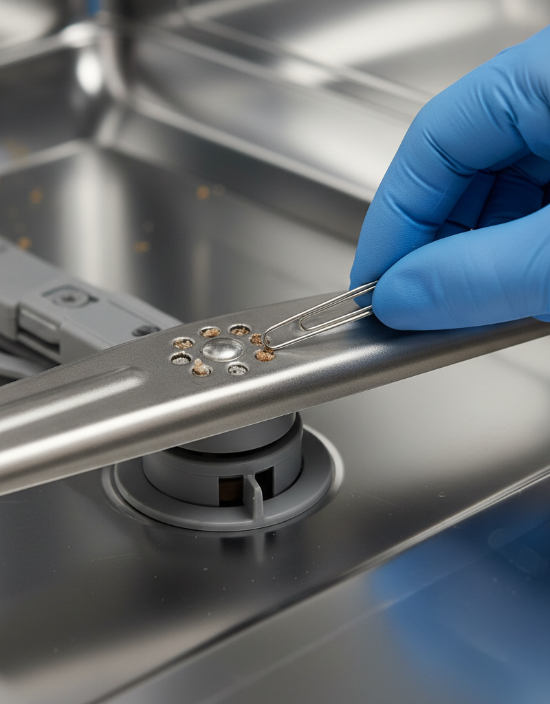Hand using a paperclip to clean a clogged dishwasher spray arm nozzle amidst dirty dishes inside the appliance tub.