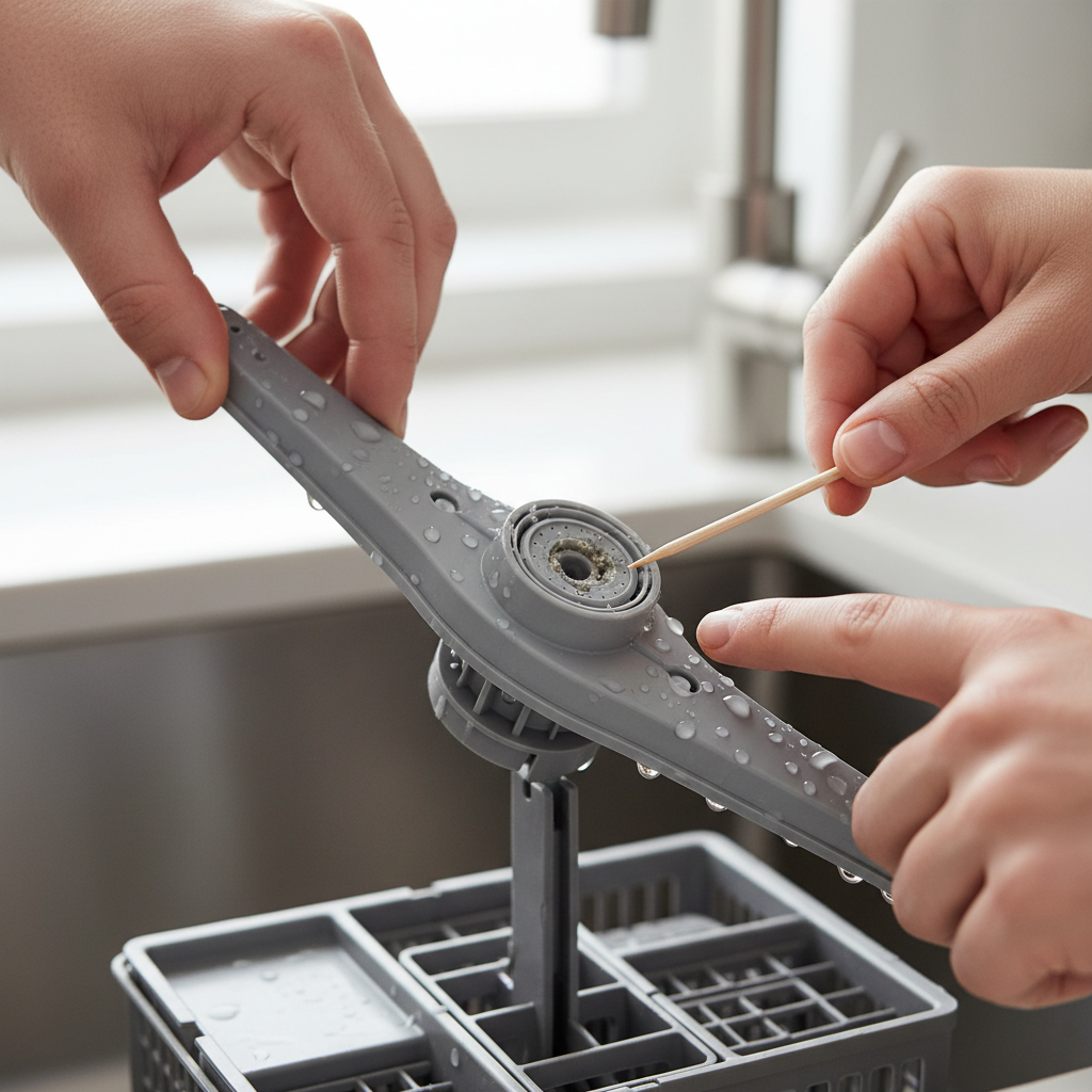 Hands cleaning a clogged dishwasher spray arm with a toothpick to remove debris.