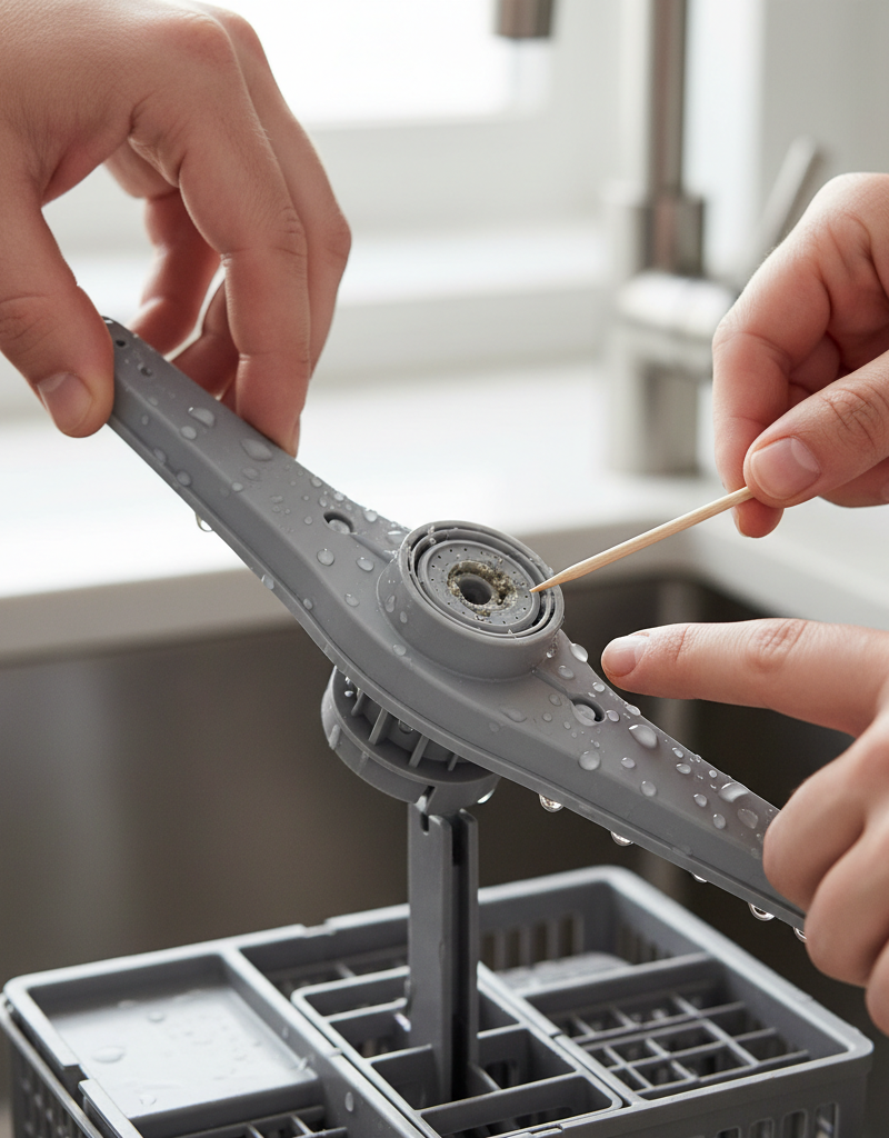 Hands cleaning a clogged dishwasher spray arm with a toothpick to remove debris.
