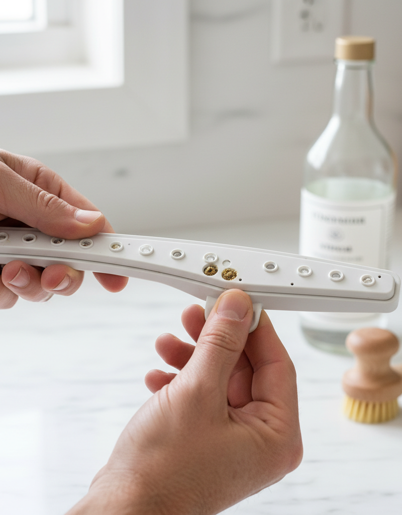 Homeowner inspecting a dishwasher spray arm for clogs, holding it up to the light.