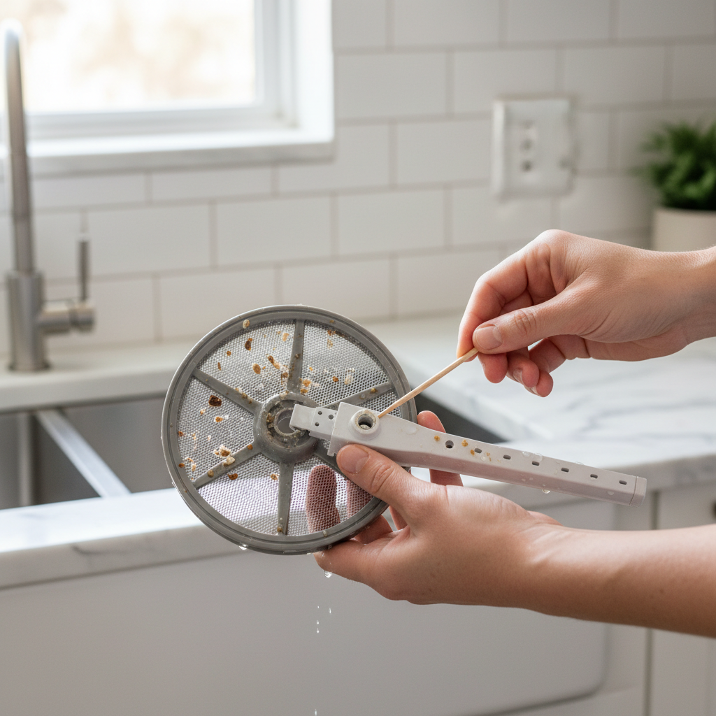 Homeowner cleaning a clogged dishwasher filter and spray arm for better dish cleaning.