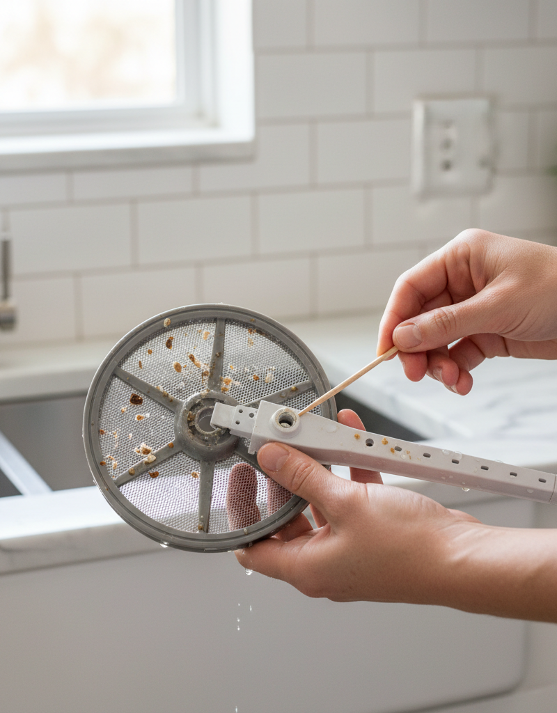 Homeowner cleaning a clogged dishwasher filter and spray arm for better dish cleaning.