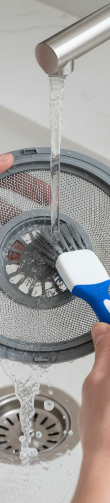 Homeowner cleaning a dishwasher drain filter to fix a draining issue.
