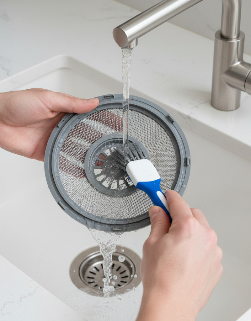 Homeowner cleaning a dishwasher drain filter to fix a draining issue.