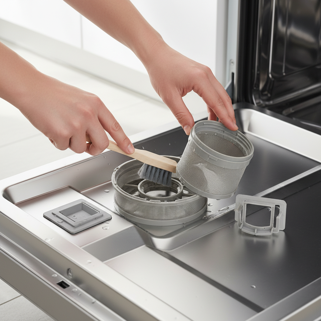 Homeowner cleaning the dishwasher filter at the bottom of the tub with a small brush and soapy water.