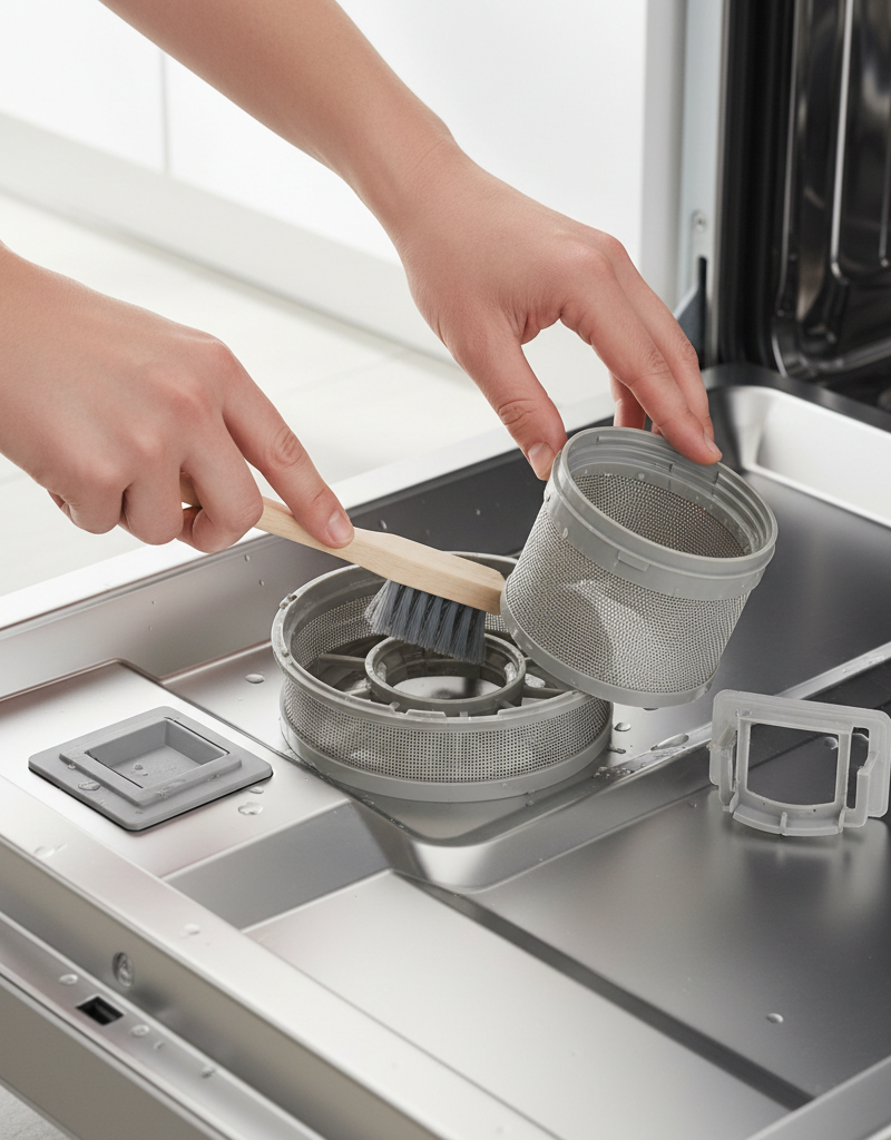 Homeowner cleaning the dishwasher filter at the bottom of the tub with a small brush and soapy water.
